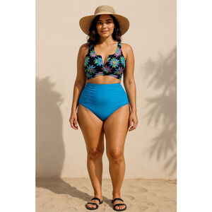 NEW California Waves Plus Size Bikini - Top 1X High Waisted Ruched Bottom 2X